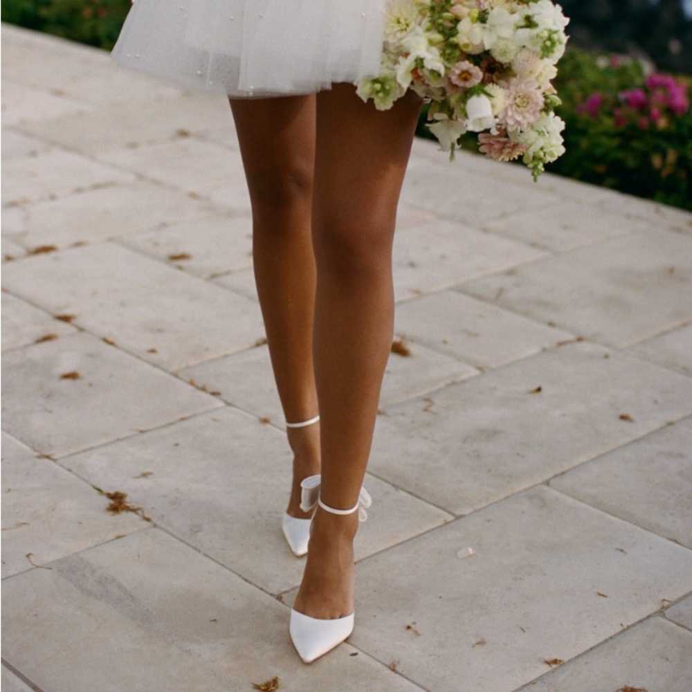 Bella belle mirabelle ivory ankle strap pearl bow heels. Made in the USA